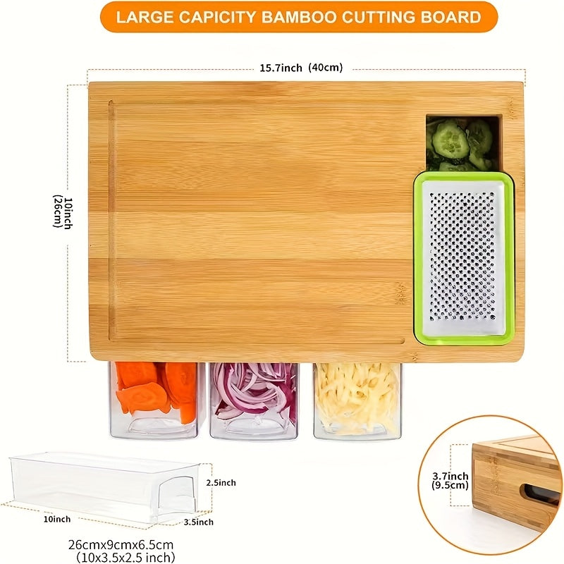 Bamboo Cutting Board Wooden Cutting Board with Food Container Storage Box Cheese Shredder and Juice Tank Suitable for Vegetables Cheese and Meat Type Wooden Cutting Board with Container Food Drop Area Carving Board with Easy Handgrip