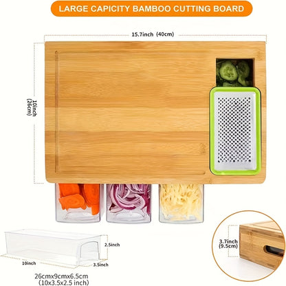 Bamboo Cutting Board Wooden Cutting Board with Food Container Storage Box Cheese Shredder and Juice Tank Suitable for Vegetables Cheese and Meat Type Wooden Cutting Board with Container Food Drop Area Carving Board with Easy Handgrip