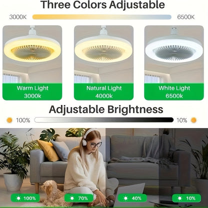 Ceiling Fan Light, with Light And Remote Control, Room Decor, Adjustable In All Directions, E26 Base Ceiling Fan Light, Fan Adjustable In 3 Levels, 3 Colors 3000-6500K DimmableIntelligent LED Light, with Timed Night Light Function