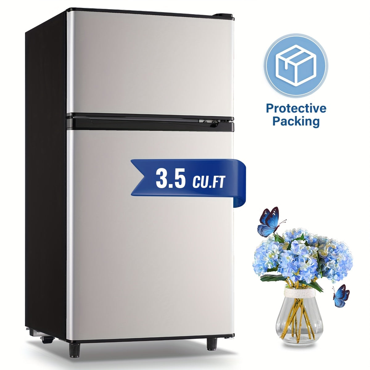 Small Fridge with Freezer, 2-Door Compact Refrigerator with 7-Level Adjustable Thermostat, Removable Shelves & Basket – 2.5 or 3.5 Cu Ft Silver Mini Fridge for Dorm, Office, RV and Bedroom