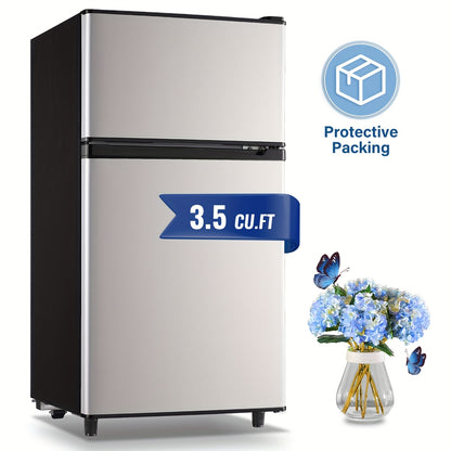 Small Fridge with Freezer, 2-Door Compact Refrigerator with 7-Level Adjustable Thermostat, Removable Shelves & Basket – 2.5 or 3.5 Cu Ft Silver Mini Fridge for Dorm, Office, RV and Bedroom