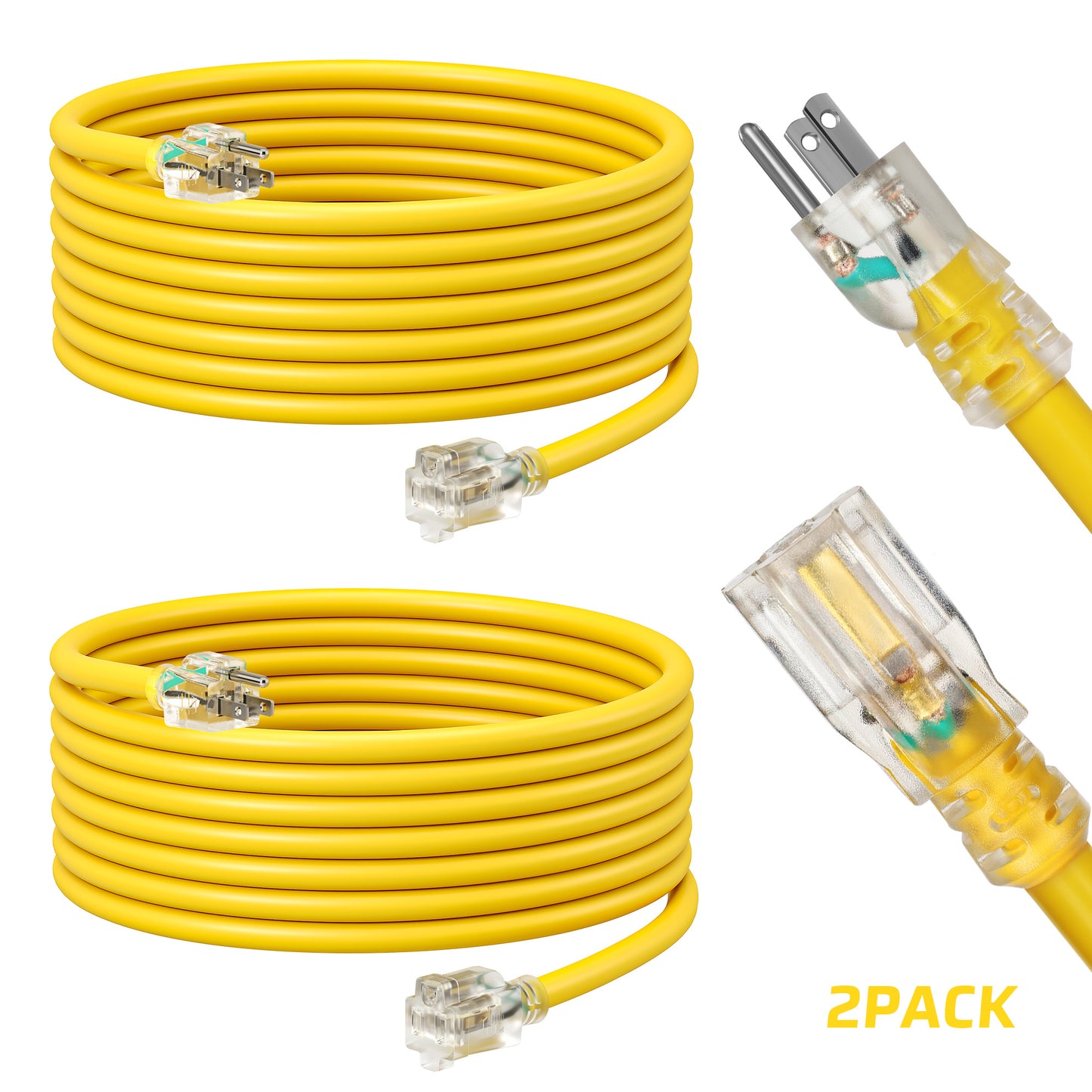 2Pack 15ft Heavy-Duty Extension Cord - SJTW 16/3 Full Copper, LED Power Indicator, 13A 125V 1625W