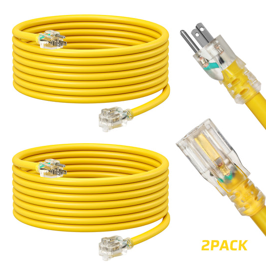 2Pack 15ft Heavy-Duty Extension Cord - SJTW 16/3 Full Copper, LED Power Indicator, 13A 125V 1625W