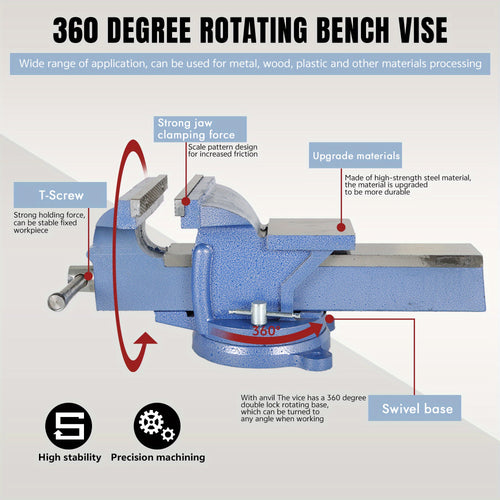 Bench Vise 5-Inch 360-Degree Swivel Base – Heavy-Duty Cast Iron Tabletop Vise with Pipe Jaws & Anvil, Locking Mechanics Clamp for Woodworking, Metalworking, Soldering & DIY