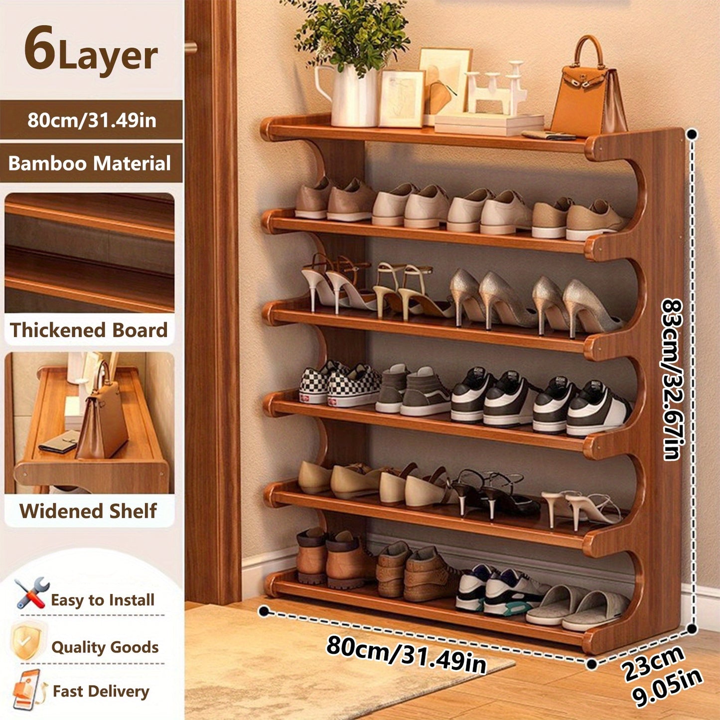 3/5/6 Layers Storage Rack, Bamboo Shoe Rack, Space-Saving Shoe Rack - Multi-Layer, Freestanding Organizer with Wood Grain End for Dorms & Entryways, Easy Assembly, Brown, Christmas Gift