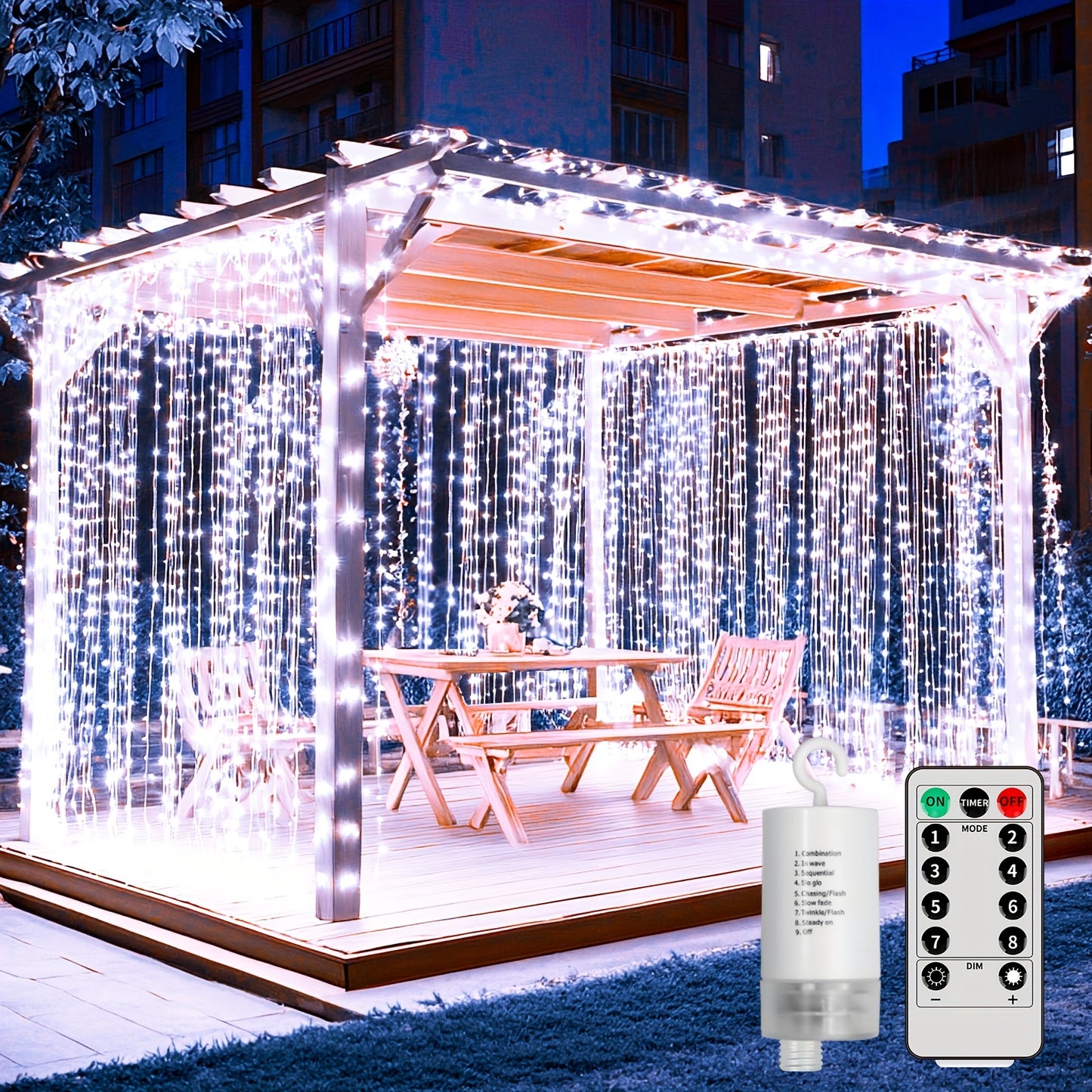 Upgraded Version of Gazebo Curtain Lights Featuring 330, Battery-Operated, Outdoor Use with IP65 Rating, 10Ft X 10Ft Flashing Hanging Waterfall Lights Equipped with Remote Control, 8 Dimmable Modes, Perfect for Fairy in Bedrooms, Porches