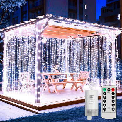 Upgraded Version of Gazebo Curtain Lights Featuring 330, Battery-Operated, Outdoor Use with IP65 Rating, 10Ft X 10Ft Flashing Hanging Waterfall Lights Equipped with Remote Control, 8 Dimmable Modes, Perfect for Fairy in Bedrooms, Porches