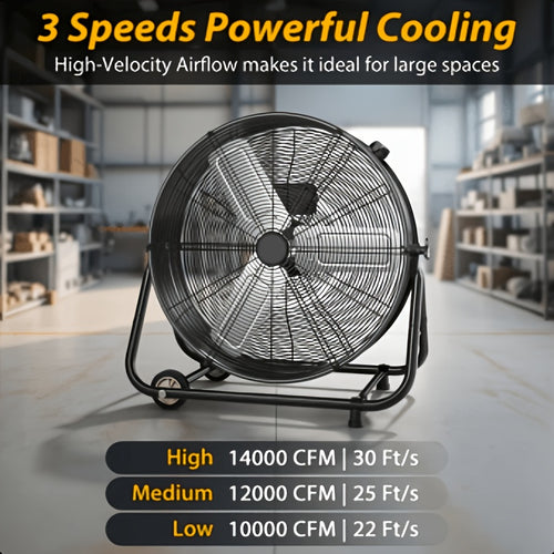 Industrial Drum Fan 24 & 30 Inch | High Velocity Floor Fan 9460-14000 CFM, 3-Speed Air Circulator with 180° Tilt for Warehouse, Garage, Workshop, Job Site & Large Space Cooling – Multiple Colors