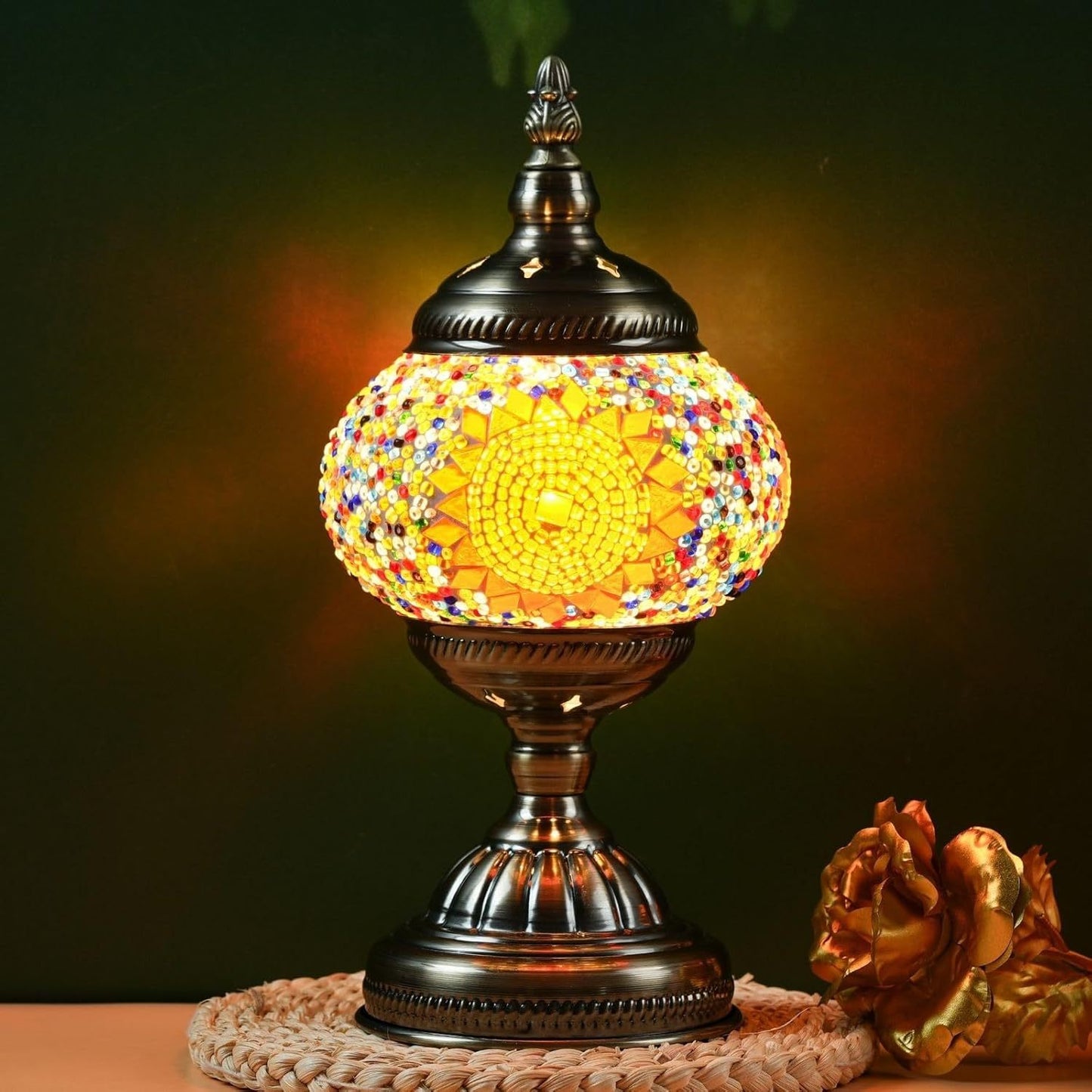 Handcrafted Finished Mosaic Table Lamp, 3-Color Dimmable Glass Bedside Lamp With Metal Base, Ready-to-Use Art Lamp For Bedroom/Living Room, Halloween Gift (Bulb Included)