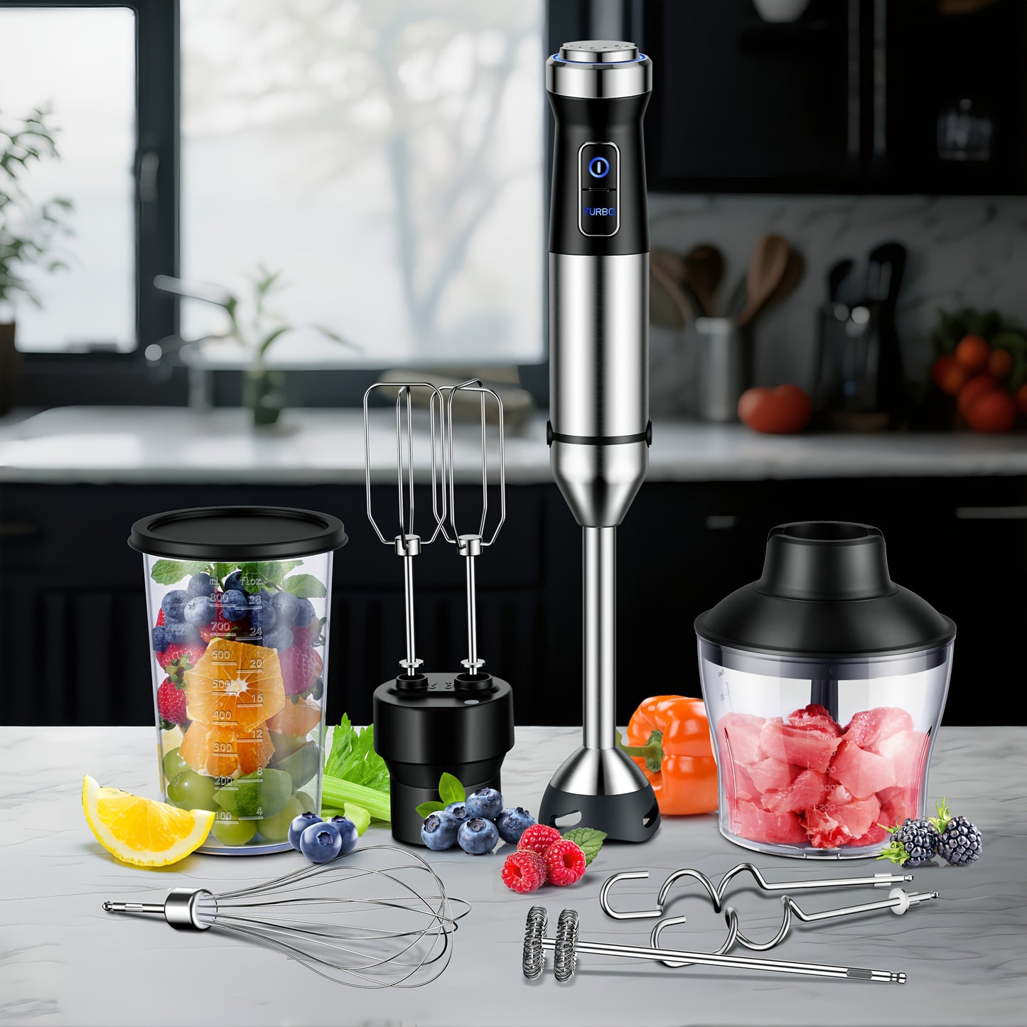 6-in-1 Immersion Blender Handheld 1000W 20-Speed & Turbo Mode, Scratch Resistance Hand Blender WIth Dough Hooks, Egg Beaters, Whisk, 27.05oz Beaker, 20.29oz Chopper Titanium Blades, BPA-Free