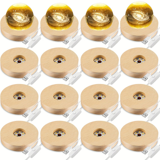 LED Light Base Wooden Display Stand 16 Pack USB Powered Warm White Light Base for 3D Crystal Glass Resin Art Trophy Figurine Night Light Display Pedestal Party Favor Gift Wood Color