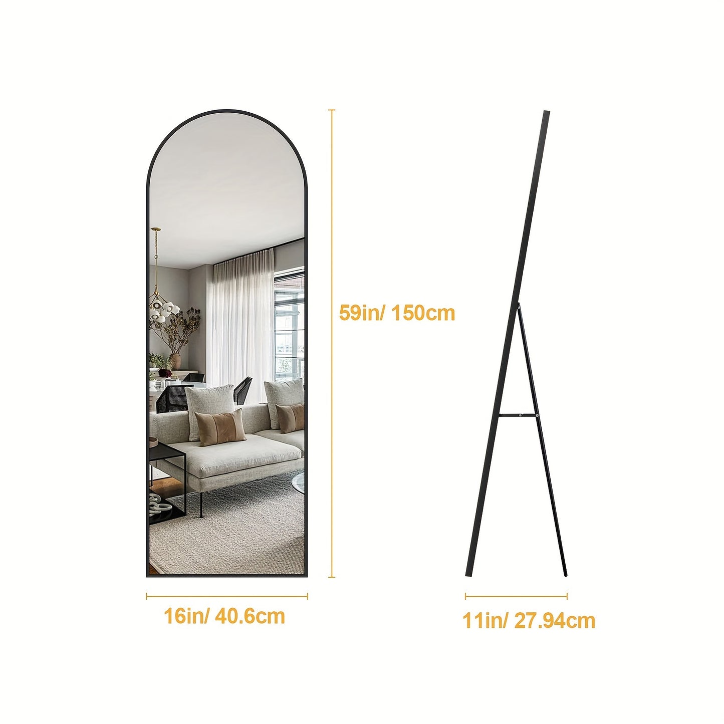 Arched Full Length 64" X 21"/ 59"x16"Mirror With Stand, Floor Mirror With Aluminum Alloy Frame For Bedroom, Standing Full Body Mirror With Shatter-Proof Nano Glass For Wall, Living Room, Cloakroom