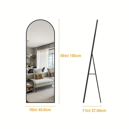 Arched Full Length 64" X 21"/ 59"x16"Mirror With Stand, Floor Mirror With Aluminum Alloy Frame For Bedroom, Standing Full Body Mirror With Shatter-Proof Nano Glass For Wall, Living Room, Cloakroom