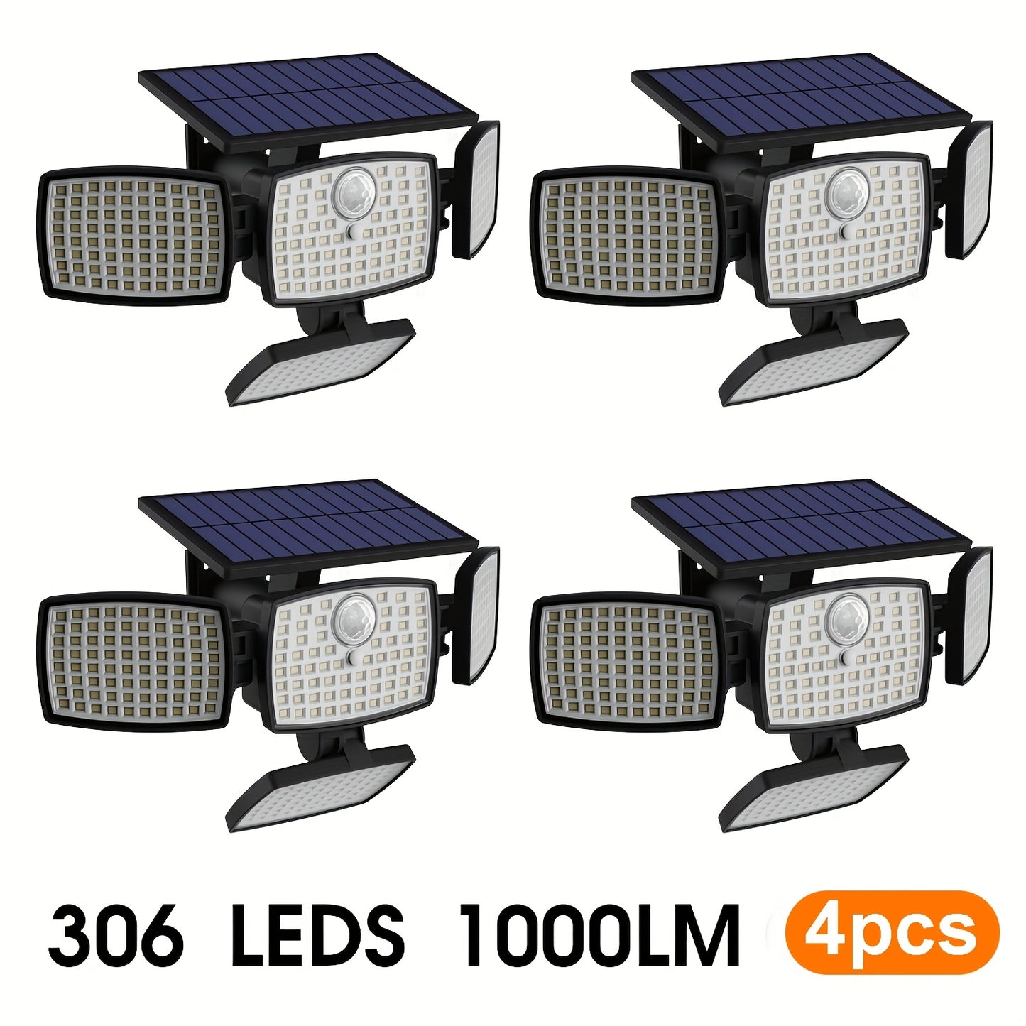 4/2/1 PACK 4 Head Solar Light Outdoor with Motion Sensor 306LED, 1000LM Solar Lights Outdoor with Remote Control, 270° Wide Angle Street Area Lights, 3 Adjustable Modes, IP65 Waterproof Solar Flood Light for Garden, Backyard, Garage, Wall, Yard Decor