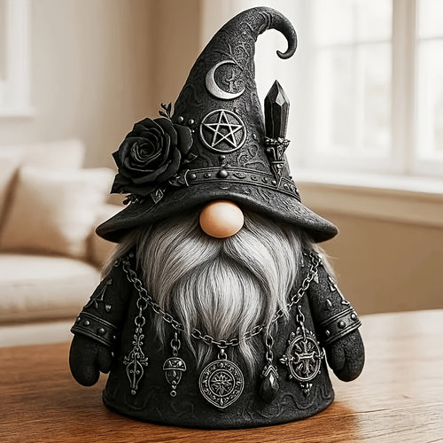Resin Figurine Gothic Elf Dwarf Statue – Vintage Fantasy Desktop Ornament with Crescent Pentagram Black Rose Gray Beard – Mysterious Collectible Sculpture for Home Office Shelf Decor Gift