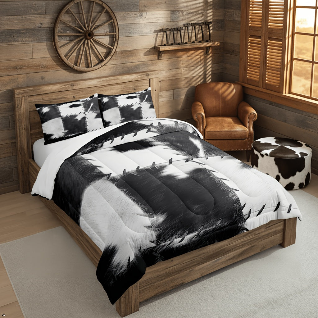 Erosebridal 2/3pcs Cowhide Print Comforter Collection, Imitation Animal Fur Design Bedding, Patchwork Farm Cow Fur Style Bed Set for Guest Rooms, Soft And Cozy Farmhouse Western Cowboy Animal Skin Print Quilt, Grey And White