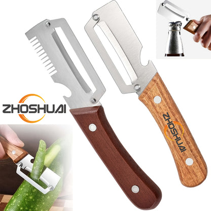 2pcs Heavy-duty Stainless Steel Fruit and Vegetable Peeler and Slicer Set, Equipped with Scallion Cutter. Multi-functional Kitchen Gadgets with Straight Blade and Ergonomic Design, Premium Vegetable Peeler Featuring Wooden Handle and Bottle Opener