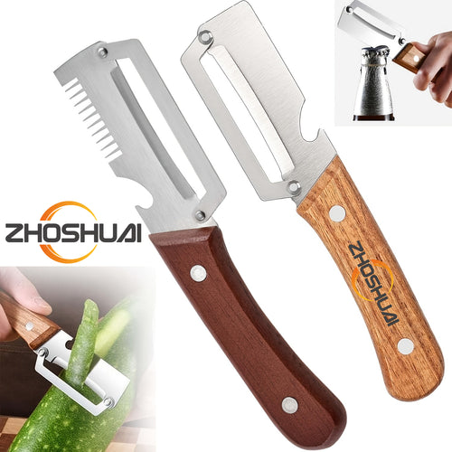 2pcs Heavy-duty Stainless Steel Fruit and Vegetable Peeler and Slicer Set, Equipped with Scallion Cutter. Multi-functional Kitchen Gadgets with Straight Blade and Ergonomic Design, Premium Vegetable Peeler Featuring Wooden Handle and Bottle Opener