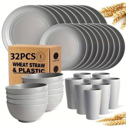 32/16pcs Dinnerware Sets Made from Wheat Straw, Including Plates And Bowls for 8 People, Featuring Black Plastic Dinnerware That Is Safe for Microwave And Dishwasher Use. This Dish Set Is Perfect for Valentine'S Day And Serves As a Durable Party Tab