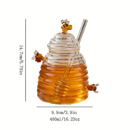 1pc 480Ml/16.23Oz High Borosilicate Glass Honeycomb Jars with Lid And Stirrer, Transparent Honey Storage Jars, Suitable for Home, Weddings, Parties, And Kitchen
