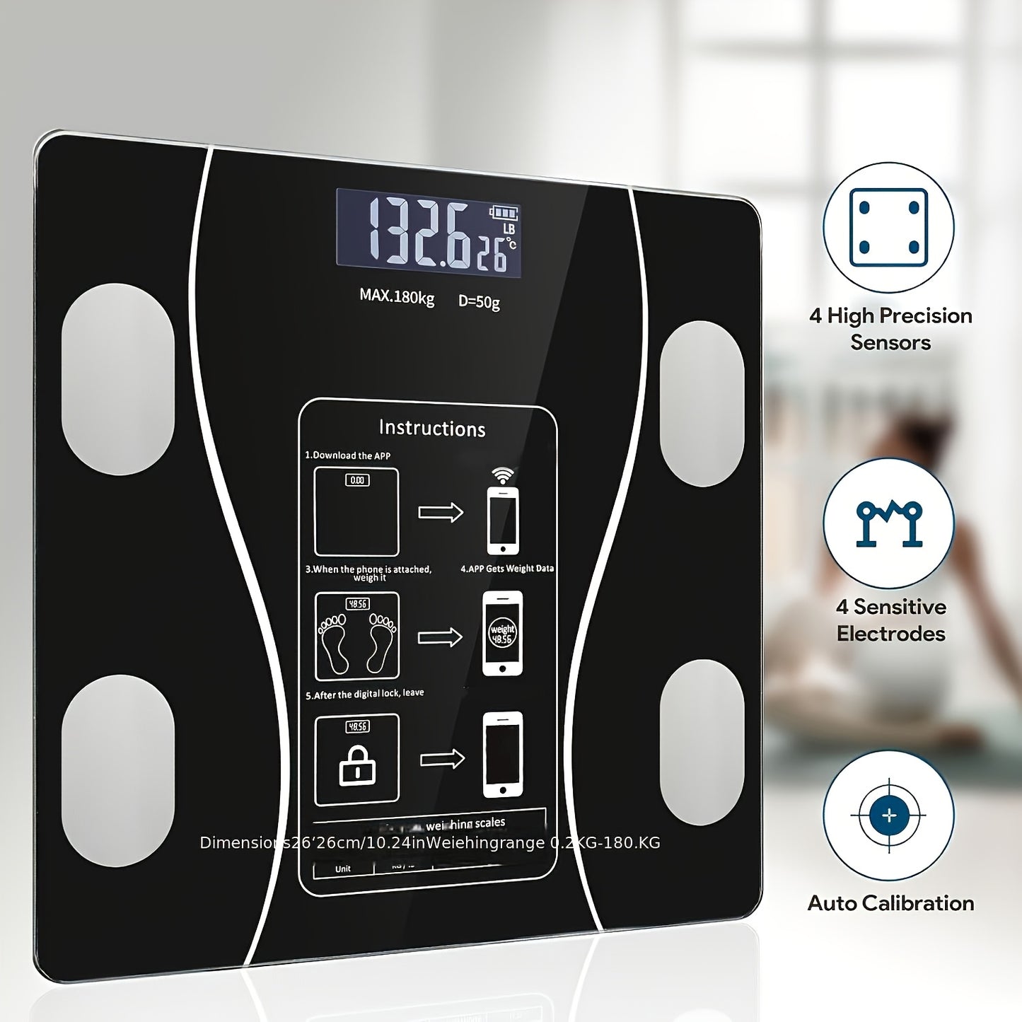 Intelligent Bathroom Scale, Digital Body Scale, with Backlit LED Display Screen And Sturdy Tempered Glass, Compact Size, Weighing Up to 400 Pounds/180 Kilograms