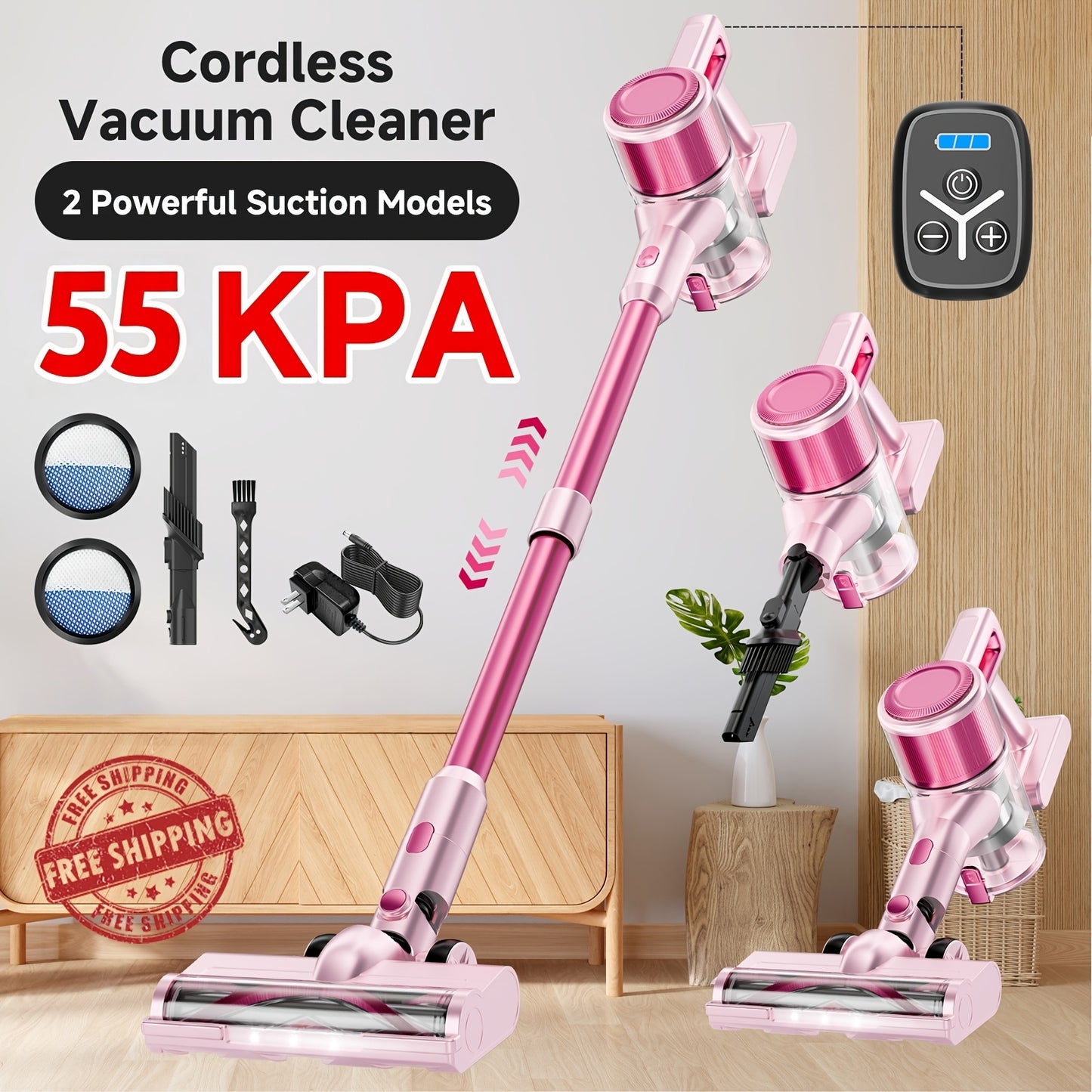 Cordless Vacuum Cleaner 55KPa 8-in-1 Stick Vacuum with LED Light 180° Swivel Lightweight Wireless for Hardwood Carpet Pet Hair Stairs Car Sofa Home Office