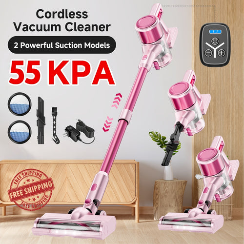 Cordless Vacuum Cleaner 55KPa 8-in-1 Stick Vacuum with LED Light 180° Swivel Lightweight Wireless for Hardwood Carpet Pet Hair Stairs Car Sofa Home Office