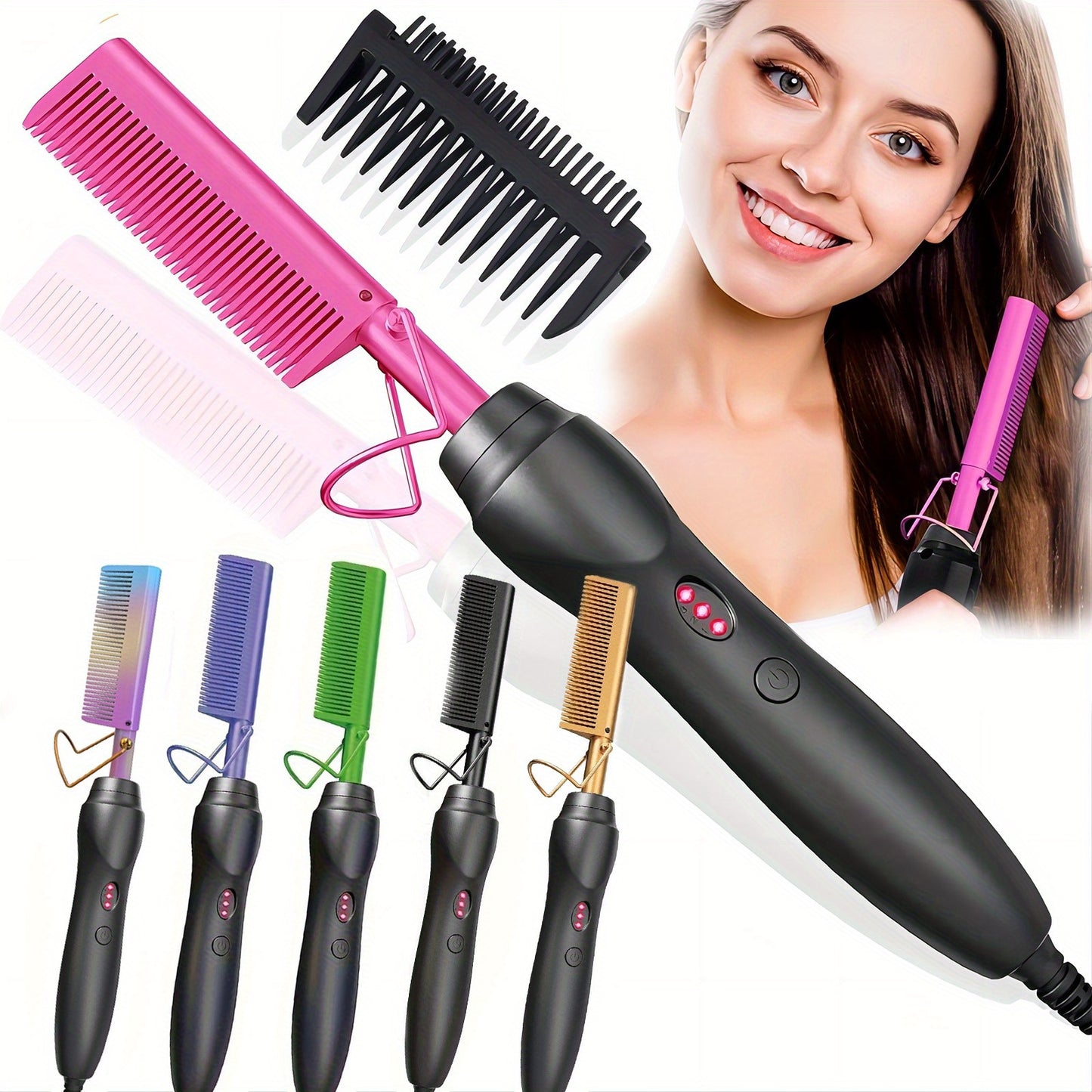 Color Hot Comb Hair Straightener Heat Pressing Combs - Ceramic Electric Hair Straightening Comb, Curling Iron for Natural Hair Beard Wigs Hair Tools, Holiday Gifts (Bonus: 2 Clips + 1 Comb)