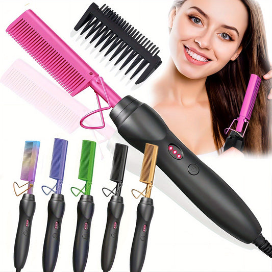 Electric Hot Comb Hair Straightener – 3-in-1 Ceramic Pressing Comb for Natural Hair, Beard & Wigs, Curling & Straightening Iron with Protective Holder, Bonus 2 Clips & 1 Comb, Gift Ready