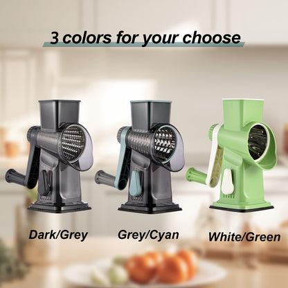Rotary Vegetable Chopper & Cheese Grater, Multifunctional Cheese Grater Manual Food Slicer with 3 Replaceable Blades, Strong Suction Base, Ergonomic Handle for Nuts, Vegetables, Kitchen Manual Cheese Grater with Handle, Nuts Grinder
