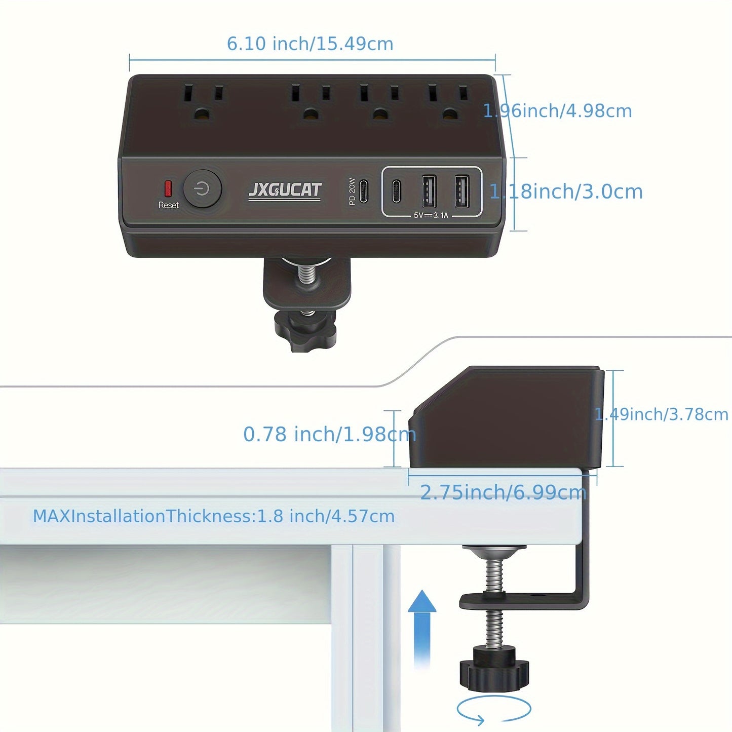 1pc Desk Clamp Power Strip With USB C, PD 20W Removable Fast Charging Desktop Edge Power Strip Surge Protector, 8.8Ft Extension Cord Flat Plug With 4 Outlet 4 USB Ports, Fit 1. 8" Tabletop Edge