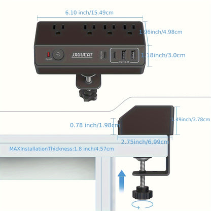1pc Desk Clamp Power Strip With USB C, PD 20W Removable Fast Charging Desktop Edge Power Strip Surge Protector, 8.8Ft Extension Cord Flat Plug With 4 Outlet 4 USB Ports, Fit 1. 8" Tabletop Edge