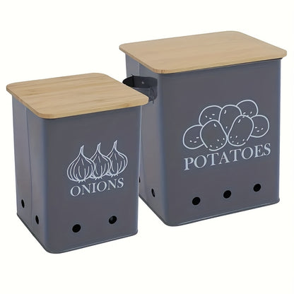 Kitchen Storage Canister, Potato Onion Storage Bin With Aerating Tin Storage Holes & Wooden Lid, Kitchen Organizers For Onion, Potato, Fruit, Black