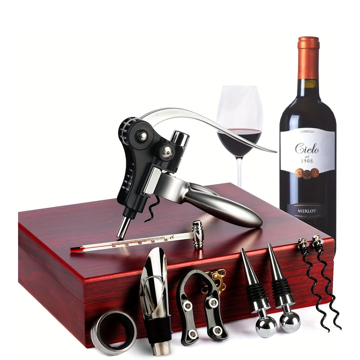 Wildpark Valentine'S Day Gift 10pcs Stainless Steel Wine Opener Kit Bottle Opener Gift Set Beer/Wine Accessories Set Wood Case
