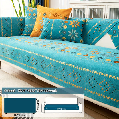 1pc Bohemian Chenille Sofa Cover Suitable for Sofa Sizes (Single to Four-Seater) - Thick Plush Non-Slip Couch Cover with Geometric Embroidery, Chenier Fabric Slipcover Fits for Sectional Sofas, Machine Washable Furniture