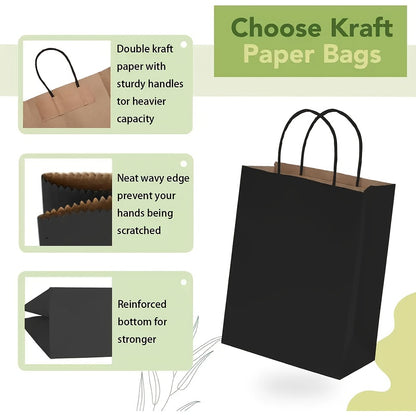 Paper Bags with Handles Bulk - Kraft Paper Gift Bags 25/75/100/300 Pcs, Black White Brown Reusable Shopping Bags for Small Business Retail, Birthday Party, Graduation, Easter Gift Wrapping Packaging