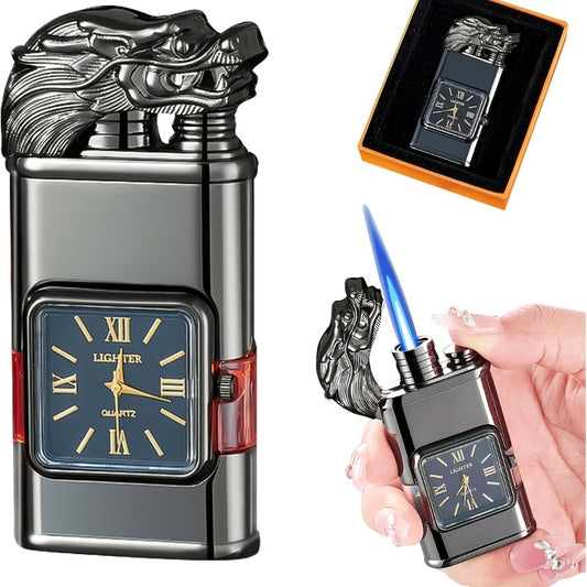 Double Flame Torch Lighter for Men – Windproof Refillable Butane Lighter with Vintage Quartz Dial, Zinc Alloy Body, Gift Box Included, Outdoor Camping BBQ Survival, Unique Engraved Style (Butane Not Included)