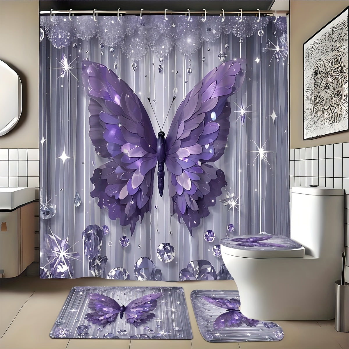 1pc/4pcs Diamond Butterfly Print Bath Curtain Set, Non-slip Bathroom, U-shaped, Toilet Seat Cover, Machine-washable Nylon Bath Curtain With 12 Durable Hooks 70.8x70.8 Inches, Bathroom Decorations And Accessories, Suitable For All Season