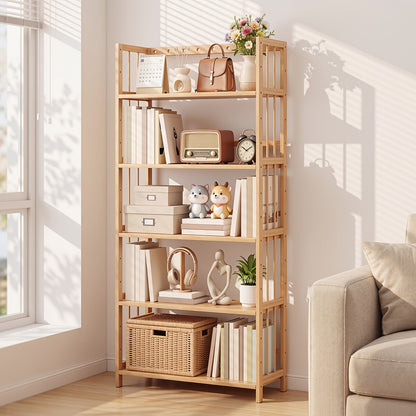 Bamboo Bookshelf with Adjustable Shelves, Narrow 4 Or 5 Tier Wooden Bookcase, Natural Storage Shelf Organizer for Small Spaces, Bedroom, Living Room, Home Office, Standing Shelf, Standing Shelf