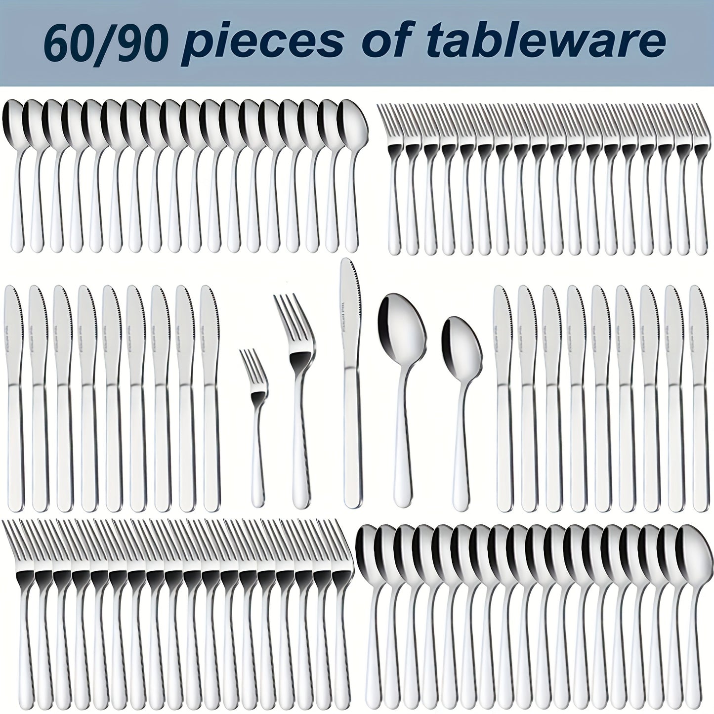 90P Stainless Steel Silverware Suitable for 18 People to Use, 60/90pcs, Steak Knife, Salad Fork, Dessert Spoons, Cutlery Set with Gift Box, Kitchen Accessories, Home Outdoor, Wedding Camping Stuff, Halloween Party Gift, Dishwasher Safe