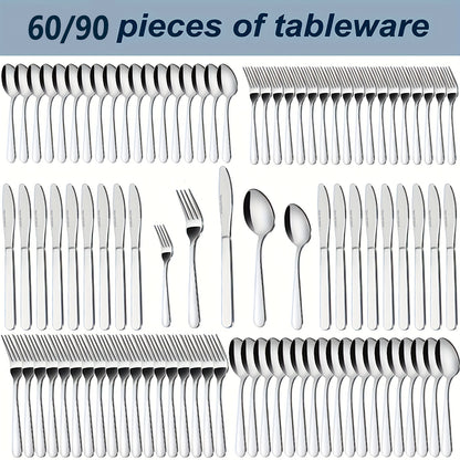 90P Stainless Steel Silverware Suitable for 18 People to Use, 60/90pcs, Steak Knife, Salad Fork, Dessert Spoons, Cutlery Set with Gift Box, Kitchen Accessories, Home Outdoor, Wedding Camping Stuff, Halloween Party Gift, Dishwasher Safe