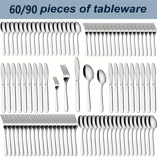 90P Stainless Steel Silverware Suitable for 18 People to Use, 60/90pcs, Steak Knife, Salad Fork, Dessert Spoons, Cutlery Set with Gift Box, Kitchen Accessories, Home Outdoor, Wedding Camping Stuff, Halloween Party Gift, Dishwasher Safe