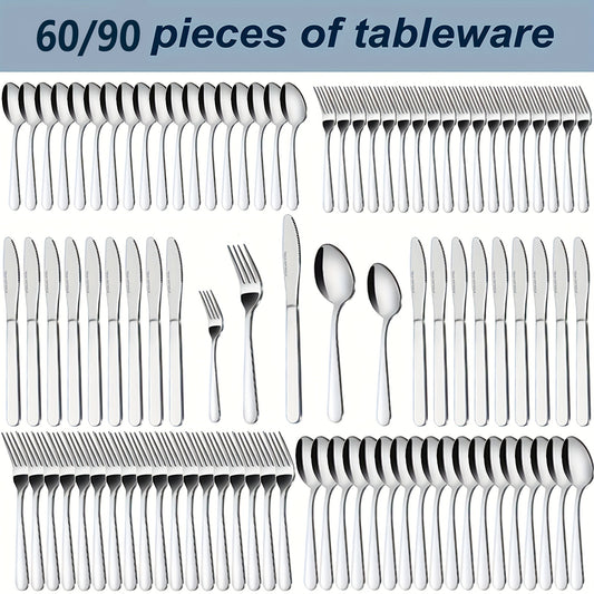Stainless Steel Silverware Set 60 or 90 Piece with Gift Box – Service for 12 or 18, Includes Steak Knives, Salad Forks & Dessert Spoons, Dishwasher Safe Cutlery for Home, Wedding & Outdoor