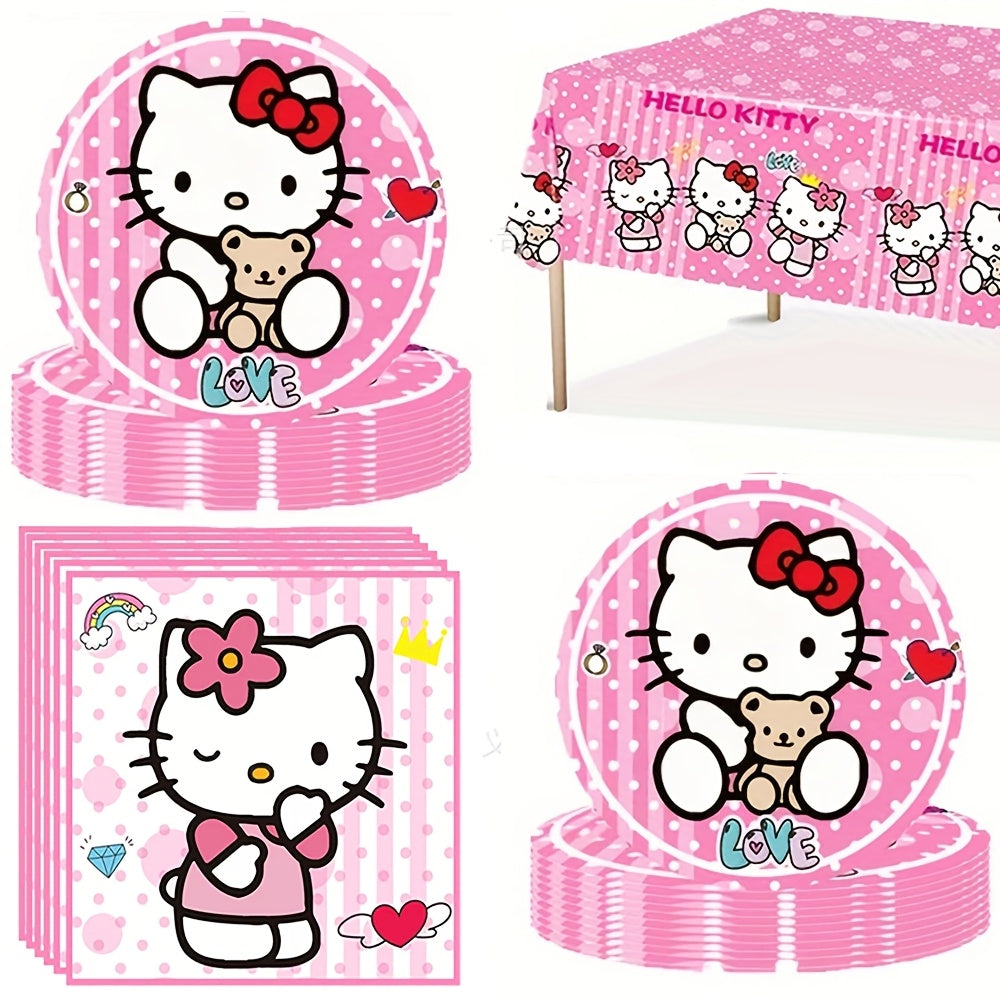 41pcs/Set Pink Hello Kitty Theme Party Set, Disposable Party Supplies Decoration Includes 20 Plates, 20 Napkins, 1 Tablecloth