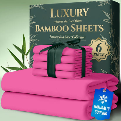 6pcs Cooling Bamboo Bed Sheets Sets - Ultra Soft & Luxuriously Keep Cool In Summer, 17" Deep Pocket, Double Stitching - Cooling Fiber Bed Sheets