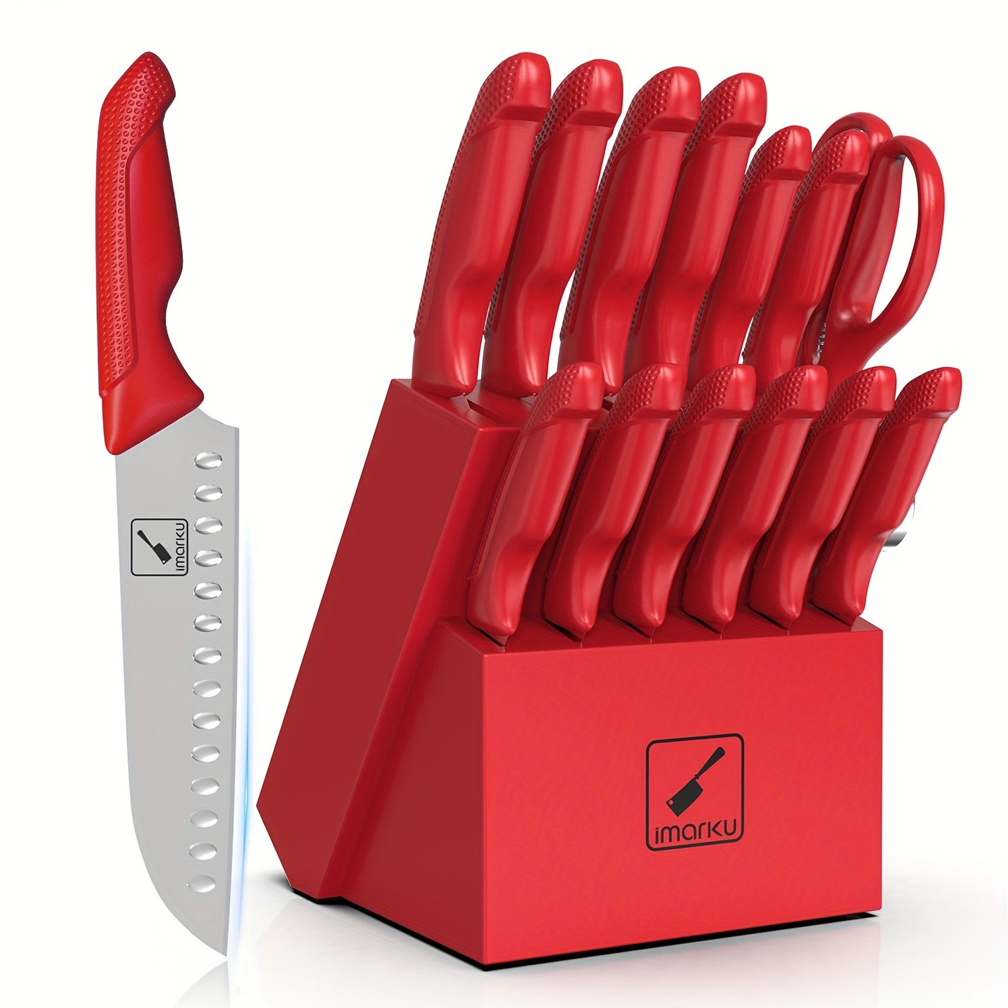 imarku Knife Set with Block, Sharp Knife Set with Built-in Sharpener, Japanese Stainless Steel Kitchen Knife Set with Non-Slip Ergonomic Handle, Dishwasher Safe, Best Holiday Gifts, Upgraded Red Knife Set, 14pcs