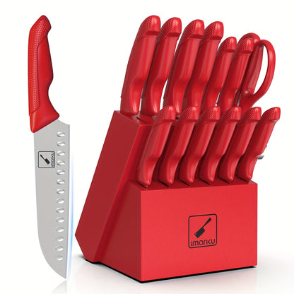 imarku Knife Set with Block, Sharp Knife Set with Built-in Sharpener, Japanese Stainless Steel Kitchen Knife Set with Non-Slip Ergonomic Handle, Dishwasher Safe, Best Holiday Gifts, Upgraded Red Knife Set, 14pcs
