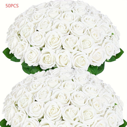 50/100pcs Red Roses Artificial Flowers, Real Touch Velvet Roses Bouquet Fake Flowers Bulk, Artificial Roses with Long Stems for Valentines Day Gift DIY Bridal Wedding Centerpiece Decorations, Mothers Day Decor, Home Decor, Room Decor, Rosas Eternas