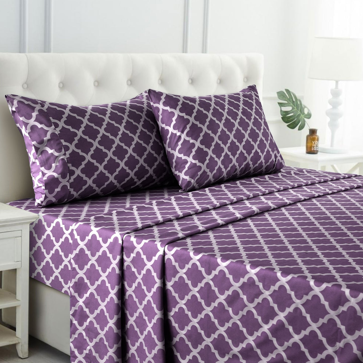 Lux Decor 4 Pieces Quatrefoil Bed Sheets - Stylish Comfy Bedding Set - Hotel Luxury Skin Friendly Cooling Sheets & Pillowcases Without Filler - Classic Collection With 16 Inches Deep Pocket - Shrinkage & Fade Resistant