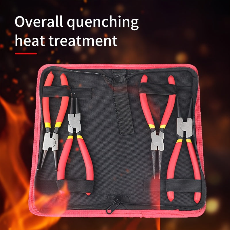 Set of 4 Snap Ring Pliers, 7/9 Inch Size, Includes Reverse Disassembly Pliers And a Portable Bag, Featuring Both Straight And Curved Jaws, Precision Spring-Loaded Design with a Storage Bag
